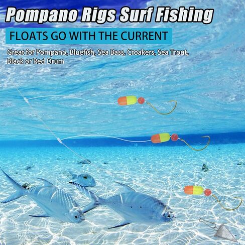 Pompano Rigs Surf Fishing Rigs Saltwater Triple Drop Pompano Rigs for Surf Fishing, Snell Floats Fishing Swivels Circle Hooks Pre-Rigged Fishing Rigs Tackle for Beach Offshore Surf Fishing 6/12pcs in Saudi Arabia