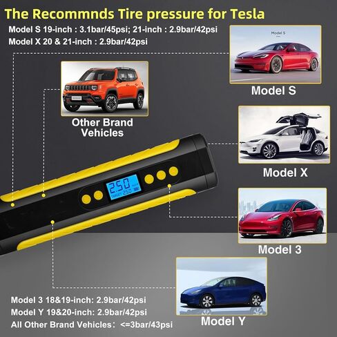 منفاخ إطارات KIKIMO لضاغط هواء Tesla المحمول، لملحقات Tesla Model 3/Y/S/X، 12 فولت لاسلكي مع مقياس ضغط رقمي، مضخة هواء 150 رطل لكل بوصة مربعة مع ضوء LED لـ Tesla، دراجة in Kuwait
