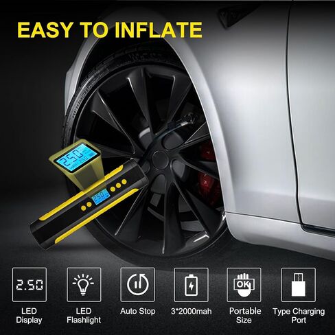 منفاخ إطارات KIKIMO لضاغط هواء Tesla المحمول، لملحقات Tesla Model 3/Y/S/X، 12 فولت لاسلكي مع مقياس ضغط رقمي، مضخة هواء 150 رطل لكل بوصة مربعة مع ضوء LED لـ Tesla، دراجة in Kuwait