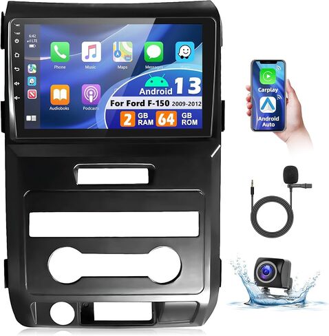 ستيريو سيارة Podofo لسيارة Ford F150 F-150 2009 2010 2011 2012 مع Carplay Android Auto، شاشة لمس راديو السيارة 9 بوصات 2+64 جيجا مع وصلة مرآة، بلوتوث، نظام تحديد المواقع العالمي، واي فاي، SWC، راديو FM & RDS + كاميرا احتياطية AHD + ميكروفون in Saudi Arabia