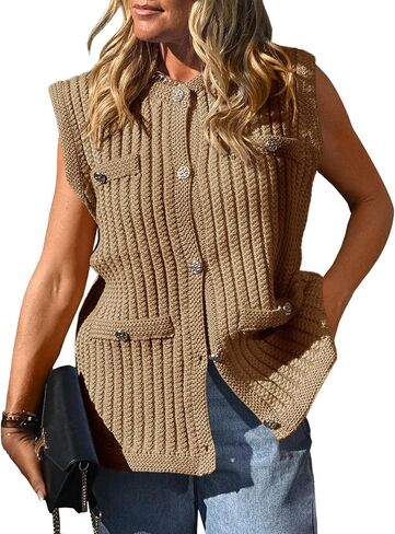 Saodimallsu Womens Sleeveless Cardigan Button Up Cable Knit Crew Neck Casual Loose Trendy Summer Fall Sweater Vest in Kuwait