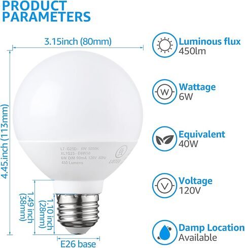TORCHSTAR G25 LED Globe Bulb, for Bathroom Vanity or Mirror, 40W Equivalent 6W, Dimmable 450 LM Globe LED Light Bulbs, 5000K Daylight, E26 Base, UL & Energy Star Listed, Pack of 6 in Kuwait