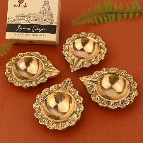 Satvik 2 Pc Brass Kuber Diya Engraved Floral Design Pooja Diwali Home Mandir Decor Oil lamp Kutthu Vilakku Nilakku Lakshmi Pujan Deepak Deepam Tea Light Holder Dia Indian Housewarming Return Gift Item in Saudi Arabia