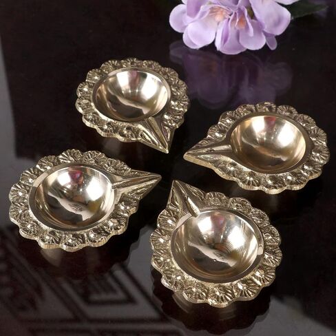 Satvik 2 Pc Brass Kuber Diya Engraved Floral Design Pooja Diwali Home Mandir Decor Oil lamp Kutthu Vilakku Nilakku Lakshmi Pujan Deepak Deepam Tea Light Holder Dia Indian Housewarming Return Gift Item in Saudi Arabia