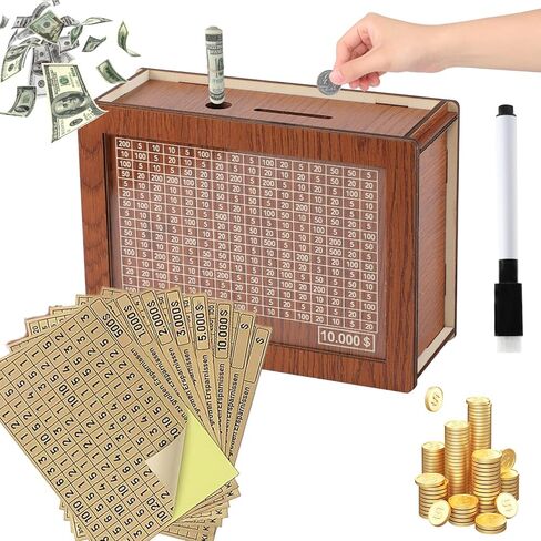 Generic صندوق نقود خشبي مع هدف نقود وأرقام، صندوق توفير نقود قابل لإعادة الاستخدام مع العد التنازلي، بنك عملات خشبي على الطراز القديم للأولاد والبنات، 10000 دولار in Kuwait