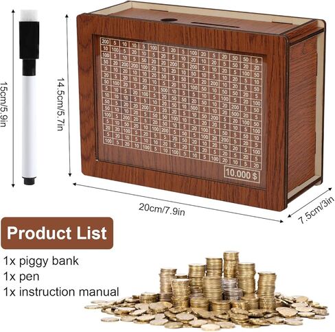 Generic صندوق نقود خشبي مع هدف نقود وأرقام، صندوق توفير نقود قابل لإعادة الاستخدام مع العد التنازلي، بنك عملات خشبي على الطراز القديم للأولاد والبنات، 10000 دولار in Kuwait