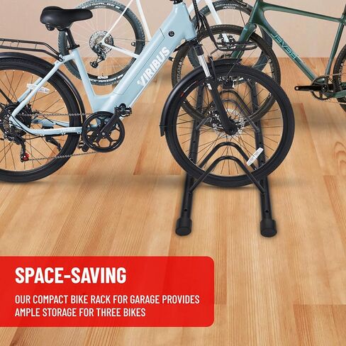 حامل دراجة أرضي من PRO BIKE TOOL - رف تخزين 3 دراجات لتنظيم وتأمين الدراجة - حامل دراجة جراج صغير مصمم للمساحات الصغيرة ويناسب جميع الدراجات - حامل دراجة لوقوف السيارات - أسود in Kuwait