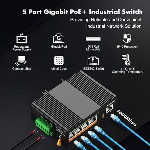 MokerLink 5 Port PoE Gigabit Industrial DIN-Rail Ethernet Switch, 14Gbps Switching Capacity, IP40 Rated Network Switch (-40 to 185°F), with UL Power Supply in Saudi Arabia