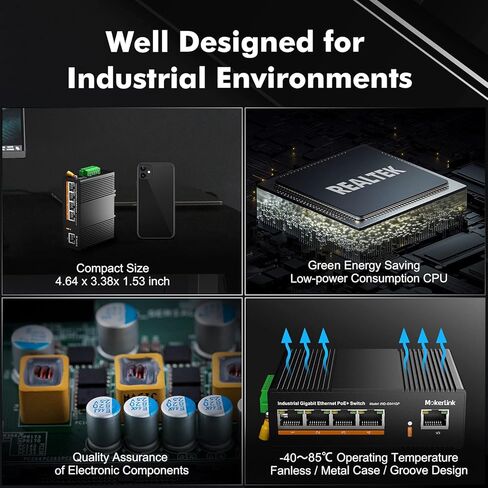 MokerLink 5 Port PoE Gigabit Industrial DIN-Rail Ethernet Switch, 14Gbps Switching Capacity, IP40 Rated Network Switch (-40 to 185°F), with UL Power Supply in Saudi Arabia