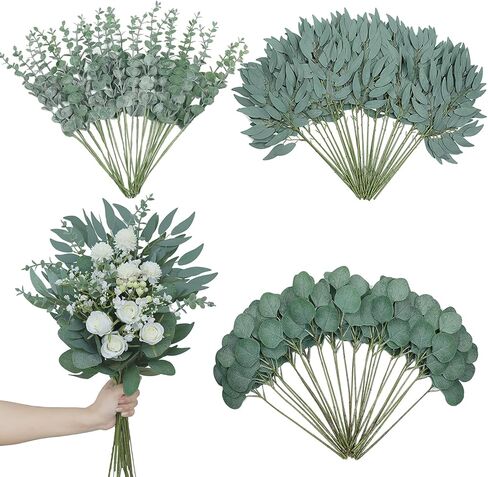 VIERENA 110 قطعة 7 أنواع من سيقان الأوكالبتوس الاصطناعية المختلطة أوراق الصفصاف والزهور الصناعية، أغصان أوراق الشجر ذات اللمس الحقيقي لحفلات الزفاف DIY باقات الزهور وديكور المنزل (أخضر) in Kuwait