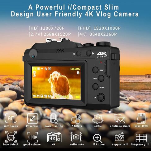 Digital Camera for Photography, 4K Vlog Camera with 4 Changeable Colors, Dual Cam Front and Rear, 7 Color Filters, 140°Wide Angle, 18X Zoom, 64G TF Card & Hand Strap in Saudi Arabia