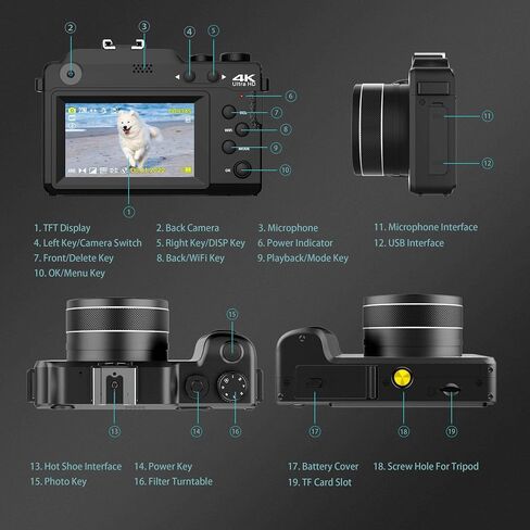 Digital Camera for Photography, 4K Vlog Camera with 4 Changeable Colors, Dual Cam Front and Rear, 7 Color Filters, 140°Wide Angle, 18X Zoom, 64G TF Card & Hand Strap in Saudi Arabia