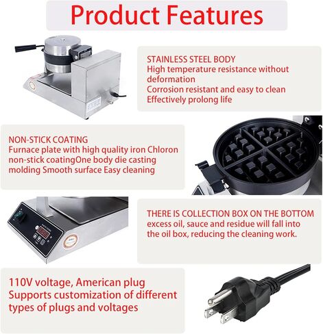 Commercial Waffle Maker, belgian waffle maker, 1000W Round Waffle Iron, Non-Stick Waffle Baker Machine with 122-572℉ / 50-300℃ Temp Range Teflon-Coated Baking Pans Stainless Steel Body in Saudi Arabia