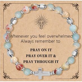 Natural Stone Stretch Bracelet for Women - Holy Water Elastic Cross Bracelet | Christmas Christian Baptism Gift, Meaningful Gifts, Unique Gift for Friends Mom Daughter Sister in Saudi Arabia