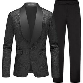 Men's 2 Piece Black Damask Jacquard Suit Set, Slim Fit One Button Shawl Lapel Jacket and Pants for Wedding Prom in Saudi Arabia