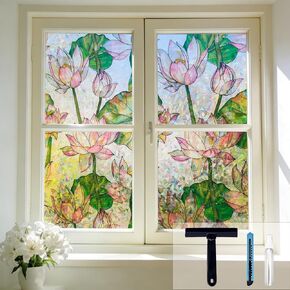 Lotus Window Privacy Film, Stained Glass Rainbow Window Film, Decorative Static Cling Frosted Glass Film, No Glue Privacy Window Cling for Bathroom Home UV Blocking, 17.5''x78.7 in Saudi Arabia