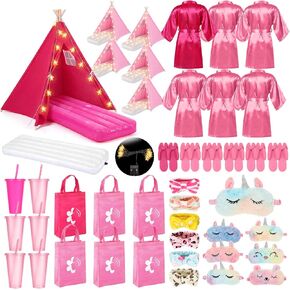 6 Set Sleepovers Teepee Tents Spa Slumber Party Robes Supplies Bulk with Inflatable Airbed and Light String, Birthday Favors Gift Indoor Outdoor (Complete,6 Pink) in Saudi Arabia