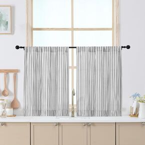 Chyhomenyc Striped Boho Kitchen Curtains 24 Inch Length - Light Filtering Faux Linen Half Window Cafe Curtains, Farmhouse Short Curtain Tiers for Bathroom RV Camper, 30Wx24L, 2 Pieces, Grey in Kuwait