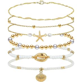 Gold Anklets Set for Women 6PCS 14K Boho Starfish Shell Pearl Anklet Hawaiian Beach Aesthetic Summer Layered Foot Jewelry Gifts in Kuwait