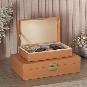 Decorative Storage Boxes Set of 2 - Multi-Purpose Beautiful PU Leather Organizer Bins for Your Home Decor - Decorative Containers with Lids Store Photos, Documents, Memory Box Keepsakes (Beige) in Saudi Arabia