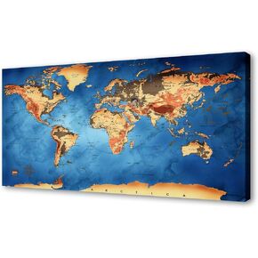 Vintage World Map Canvas Wall Art - Retro Style Physical Map with Detailed Topography, Large Blue Ocean Nautical Decor for Office, Living Room, Home Decor - Framed in Saudi Arabia