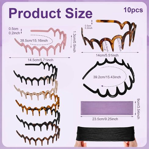 10PCS Kitsch Zig Zag Headbands with Teeth, 90s Style Headband with Wavy Design for Workouts and Pilates, Set of 2 Fitness Headbands with Teeth, 2 Large Wavy Headband in Saudi Arabia