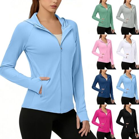 Sun Shirt Women Summer Yoga Athletic Jackets Lightweight UV Protection Shirts Full Zip Workout Rash Guard Long Sleeve in Kuwait
