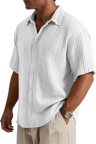 Mens Button Down Shirt Wrinkle Free Lightweight Shirt Short Sleeve Collared Neck Solid Casual Top Breathable Summer Tee in Saudi Arabia