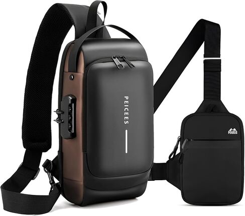 Peicees Pack of 2 Mens Crossbody Bag Man Bags Mens Purse Anti-theft Sling Bag Shoulder Bag Chest Bag, Leather Black Gold and Mini Black in Kuwait