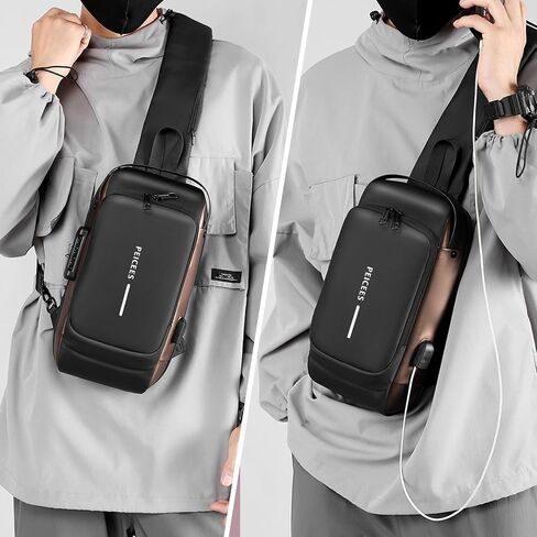 Peicees Pack of 2 Mens Crossbody Bag Man Bags Mens Purse Anti-theft Sling Bag Shoulder Bag Chest Bag, Leather Black Gold and Mini Black in Kuwait