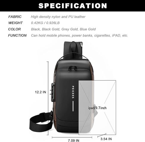 Peicees Pack of 2 Mens Crossbody Bag Man Bags Mens Purse Anti-theft Sling Bag Shoulder Bag Chest Bag, Leather Black Gold and Mini Black in Kuwait