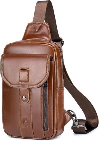 RAINBOW HORSE Brown Leather Chest Bag - Men's Genuine Leather Sling Bag with Multiple Pockets, Suitable for Travel and Work in Kuwait
