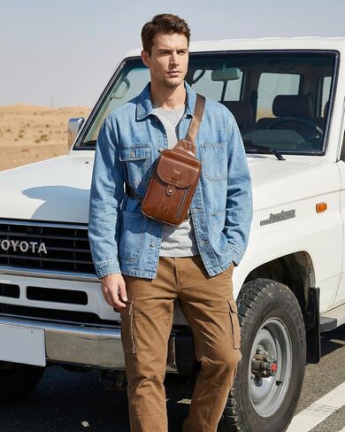 RAINBOW HORSE Brown Leather Chest Bag - Men's Genuine Leather Sling Bag with Multiple Pockets, Suitable for Travel and Work in Kuwait