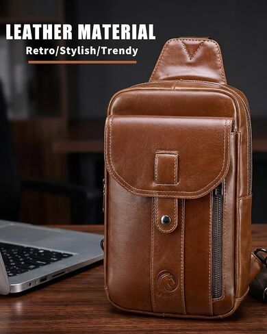RAINBOW HORSE Brown Leather Chest Bag - Men's Genuine Leather Sling Bag with Multiple Pockets, Suitable for Travel and Work in Kuwait