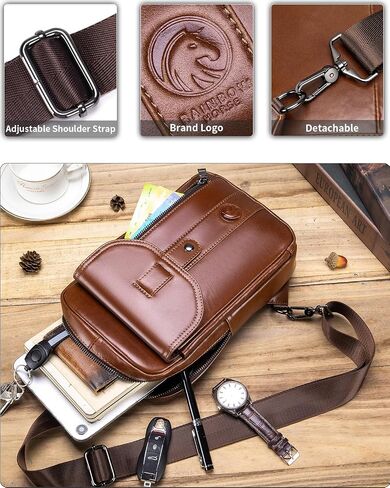 RAINBOW HORSE Brown Leather Chest Bag - Men's Genuine Leather Sling Bag with Multiple Pockets, Suitable for Travel and Work in Kuwait