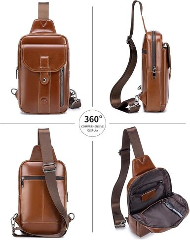 RAINBOW HORSE Brown Leather Chest Bag - Men's Genuine Leather Sling Bag with Multiple Pockets, Suitable for Travel and Work in Kuwait