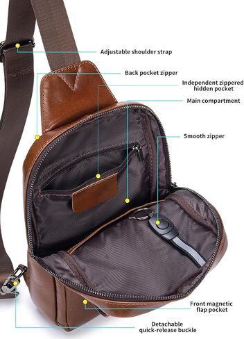 RAINBOW HORSE Brown Leather Chest Bag - Men's Genuine Leather Sling Bag with Multiple Pockets, Suitable for Travel and Work in Kuwait