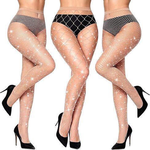 MEEZY 3 Pairs Sparkly Fishnet Tights Women Glitter Stockings, Small Medium Large Fishnet Rhinestone Tight Stockings Pantyhose in Saudi Arabia