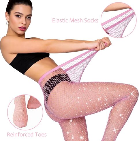 MEEZY 3 Pairs Sparkly Fishnet Tights Women Glitter Stockings, Small Medium Large Fishnet Rhinestone Tight Stockings Pantyhose in Saudi Arabia