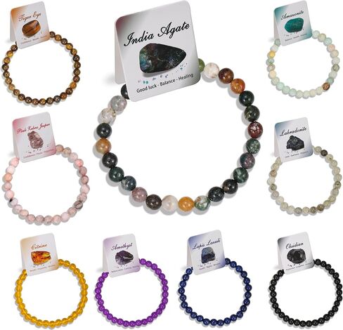 BOMAIL 9pcs Healing Stone Beaded Bracelet for Women | 6mm 8mm Natural Stone Beads,Tiger Eye,Pink Zebra,Crystal Spiritual,Durable Stretch Bracelets Bulk,Stones Meaning Card in Kuwait