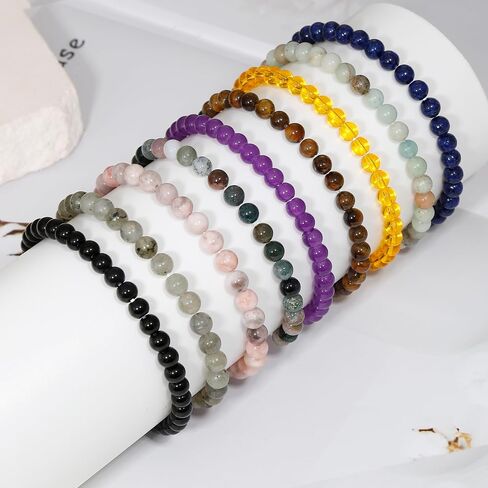 BOMAIL 9pcs Healing Stone Beaded Bracelet for Women | 6mm 8mm Natural Stone Beads,Tiger Eye,Pink Zebra,Crystal Spiritual,Durable Stretch Bracelets Bulk,Stones Meaning Card in Kuwait