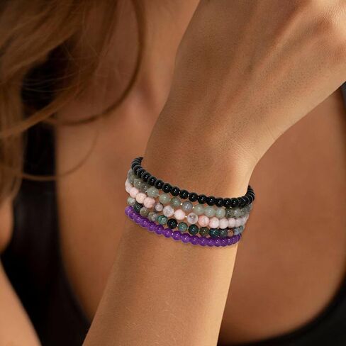 BOMAIL 9pcs Healing Stone Beaded Bracelet for Women | 6mm 8mm Natural Stone Beads,Tiger Eye,Pink Zebra,Crystal Spiritual,Durable Stretch Bracelets Bulk,Stones Meaning Card in Kuwait