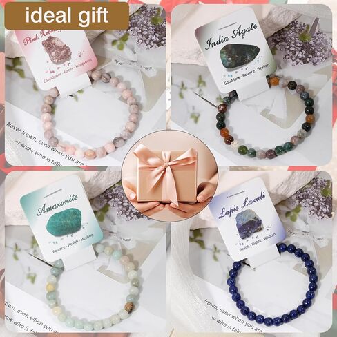 BOMAIL 9pcs Healing Stone Beaded Bracelet for Women | 6mm 8mm Natural Stone Beads,Tiger Eye,Pink Zebra,Crystal Spiritual,Durable Stretch Bracelets Bulk,Stones Meaning Card in Kuwait