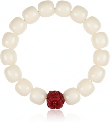 White Jade Bodhi Seed Bracelet for Women Healing Anxiety Relief Jewelry - Natural Bodhi Seeds with Red Lion Amulet - Spiritual Yoga & Meditation Gift for Her in Saudi Arabia