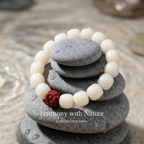 White Jade Bodhi Seed Bracelet for Women Healing Anxiety Relief Jewelry - Natural Bodhi Seeds with Red Lion Amulet - Spiritual Yoga & Meditation Gift for Her in Saudi Arabia