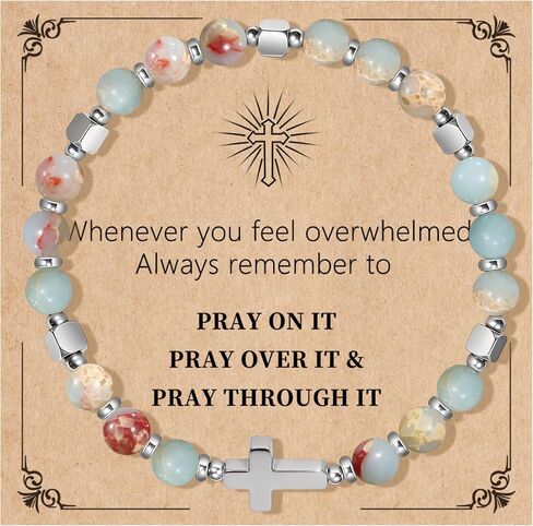 Natural Stone Stretch Bracelet for Women - Holy Water Elastic Cross Bracelet | Christmas Christian Baptism Gift, Meaningful Gifts, Unique Gift for Friends Mom Daughter Sister in Saudi Arabia