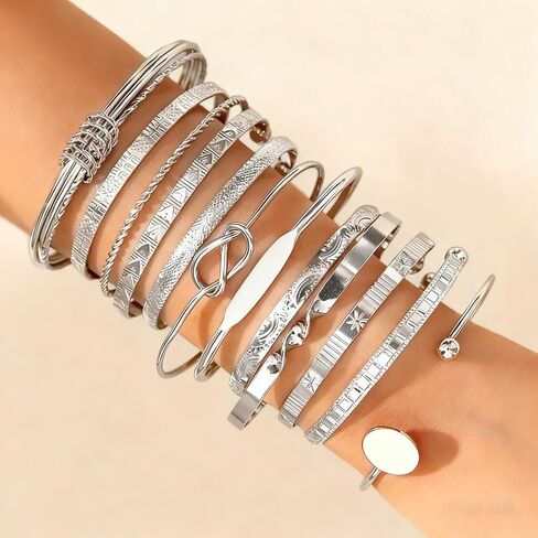 12 Pcs Geometric Twist & Braided Texture Bracelet Set, Layered Statement Stackable Cuffs with Embossed Pattern, Mixed Styles for Women Silver in Kuwait