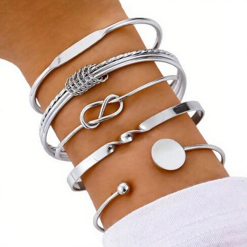 12 Pcs Geometric Twist & Braided Texture Bracelet Set, Layered Statement Stackable Cuffs with Embossed Pattern, Mixed Styles for Women Silver in Kuwait