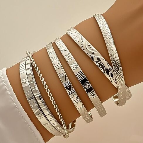 12 Pcs Geometric Twist & Braided Texture Bracelet Set, Layered Statement Stackable Cuffs with Embossed Pattern, Mixed Styles for Women Silver in Kuwait