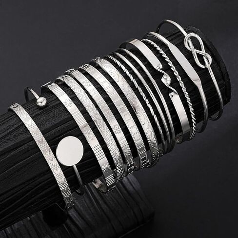 12 Pcs Geometric Twist & Braided Texture Bracelet Set, Layered Statement Stackable Cuffs with Embossed Pattern, Mixed Styles for Women Silver in Kuwait